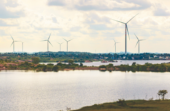 Wind turbines by a lake
